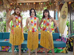 Lucky dude gets a triple blowjob and fucks Riley Jean and her friends