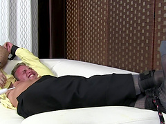 Dirty dude gets his feet tickled by an older perv and loves it