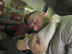 Amateur man pleasures his cock while his friend licks his feet