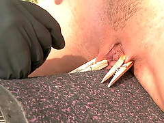 Trimmed pussy blondie Dona Bell opens her legs to be tortured