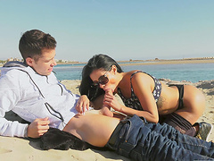 Hardcore outdoors fucking by the sea with Latina Canela Skin