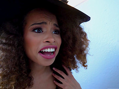 Skinny ebony pornstar Cecilia Lion rides a large white dick