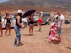 Pornstar Mia Melone spreads her long legs to be fucked in outdoors