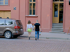 Skinny brunette babe Mette gets her pussy banged on the table