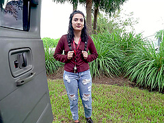 Amateur chick Victoria June gets into the van to ride a dick