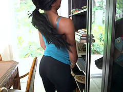 Naughty ebony maid Anya Ivy drops her clothes to clean naked