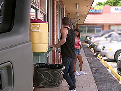 Ebony cutie Kara Hartley spreads her legs to ride a dick in the van