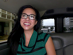 Pretty amateur Kimmy Lee with glasses sucks a dick for money