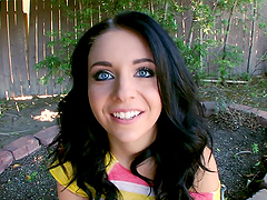 POV video of cute brunette Madelyn Monroe giving a blowjob