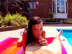 Topless neighbor Amylee enjoys choking on a fat dick by the pool