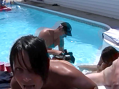 Outdoors fucking by the pool with Bella Venusia and Julia Stone