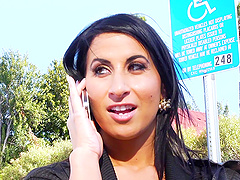 Brunette chick Sophia Bella enjoys riding a large dick on the sofa