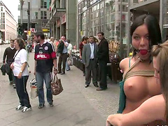 Curvaceous babes walk naked in the street and get fucked