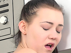 Smalls boobs chick Sandra Zee enjoys pleasuring her puss in the kitchen