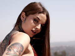 Tattooed pornstar Vanessa Vega in red lingerie gets fucked hard