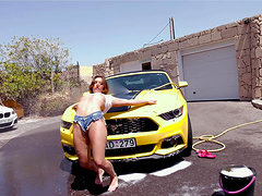 Provocative Alexis Cherry washes a car and gets fucked hard