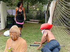 Balls deep pussy and face fucking with a large boobs maid