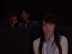 Naughty Japanese chick gives a BJ and rides his dick at the cinema