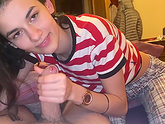 Amateur girlfriend gets fingered and pleasures his stiff dick