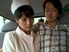 Passionate dick sucking by a kinky Japanese nurse in back of the car