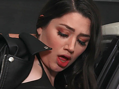 Playful Alyx Star lifts her miniskirt to be fucked by a stranger