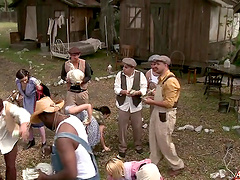 Hardcore outdoors pussy and ass fucking during group sex with Kaci Starr