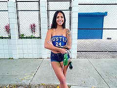 Fit brunette hitchhiker gets into the van and rides a dick - Camila