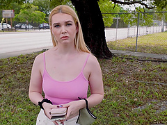 Blonde cutie Layla Belle gets blindfolded and rides a stranger