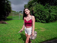 Pale brunette Mae Milano removes her clothes for a stranger. HD