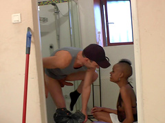 Amateur ebony Binka with short hair moans while riding a white cock