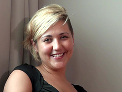 Shaved pussy blondie Celia Cheyenne opens her legs to ride a dick