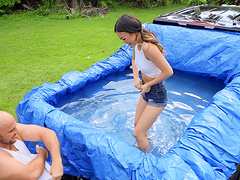 Outdoor dicking in the pool with brunette Lulu Chu & her BF