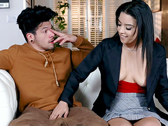 Brunette Maya Bijou moans while getting slammed on the sofa