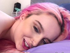 Sweet Lexi Lore with pink hair enjoys while getting fingered