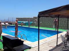 Homemade video of group outdoor dicking by the pool with horny chicks
