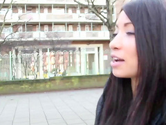 Slutty brunette darling flashing her pussy in public - HD