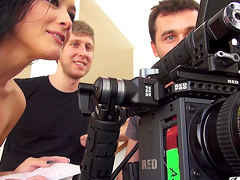 Behind the stage video with brunette model Katrina Jade getting nude