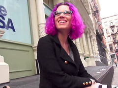 Purple haired stranger Violet gives a BJ and gets penetrated