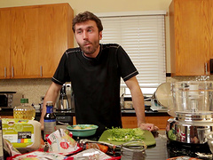 Horny dude enjoys while cooking a nice dinner for his wife