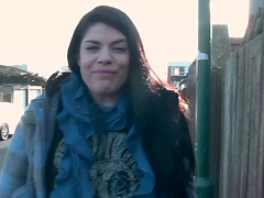 Horny brunette darling having fun while flashing her pussy