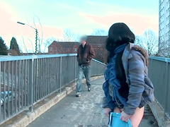 Horny brunette darling having fun while flashing her pussy