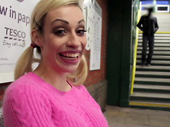 Blonde chick enjoys while flashing her tits outdoors in public