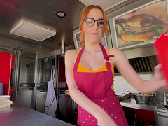 Redhead chick Scarlett Jones gets talked into riding a dick in POV