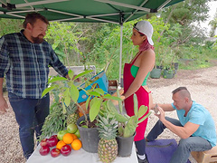 Kinky chick Roxie Sinner sucking a cucumber while fucking outdoors