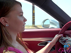 Petite teen Mazy Myers playing around in a car