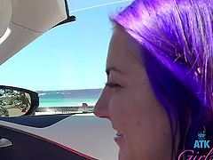 Purple haired babe Lily Adams jerking off a dick in POV