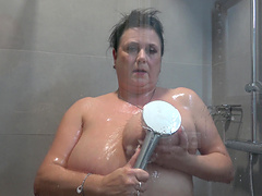 Big natural tits shower scene with Miranda Steel's soapy action