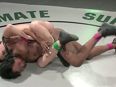 Brunette Ariel X Strapon Fucks Ebony Stacey Cash after Wrestling Combat