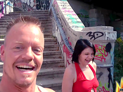 Mini Hotcore, Bodo, acrobatic, brunette, couple, doggystyle, handjob, outdoor, public, pussy, street