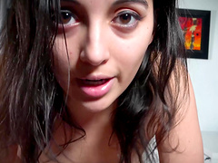 Brunette pornstar gives a sloppy blowjob in close up